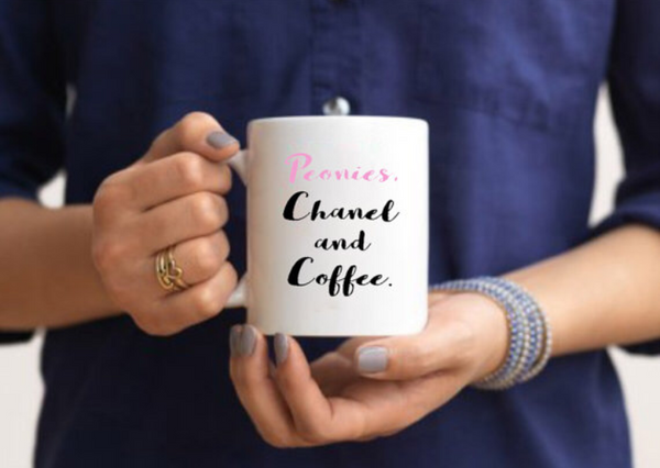 Peonies Chanel and Coffee Calligraphy Mug - Pink Fashion Nyc