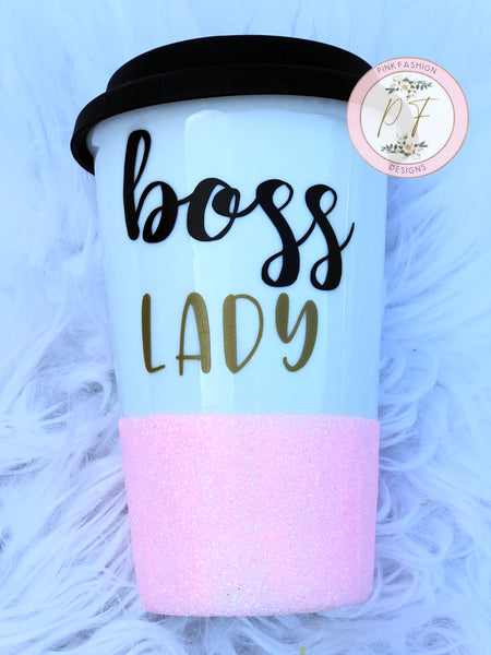 Pink Glitter Boss Lady Ceramic Tumbler