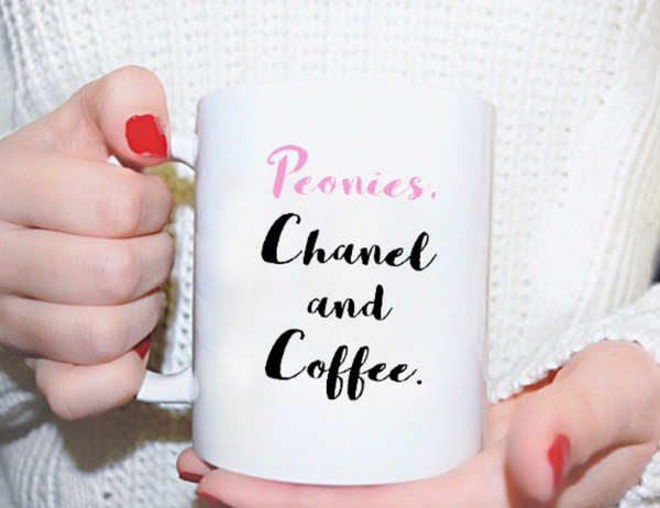 Peonies Chanel and Coffee Calligraphy Mug - Pink Fashion Nyc