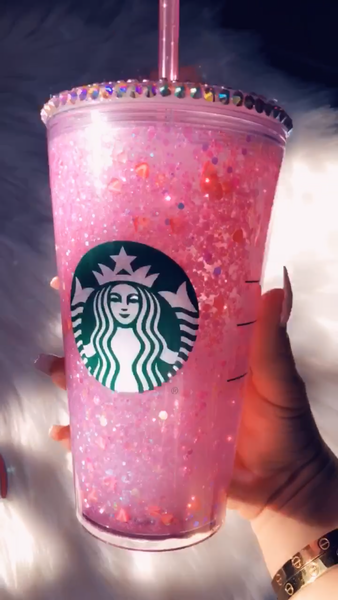 Snowglobe Starbucks Pink drink Pink Tumbler - Starbucks insulated glitter bling tumbler 24 oz 16 oz Free shipping Tumbler