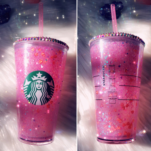 Snowglobe Starbucks Pink drink Pink Tumbler - Starbucks insulated glitter bling tumbler 24 oz 16 oz Free shipping Tumbler