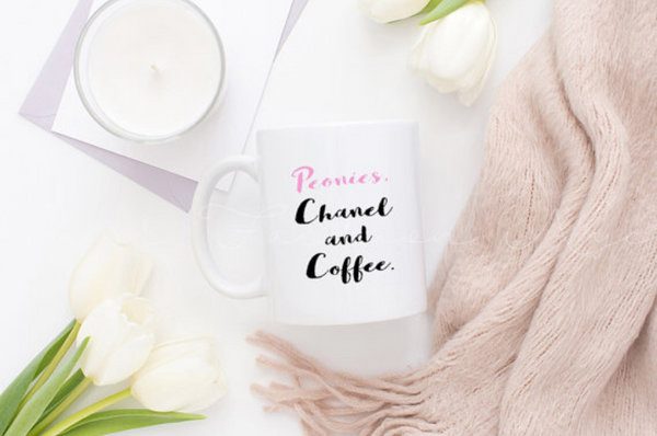 Peonies Chanel and Coffee Calligraphy Mug - Pink Fashion Nyc