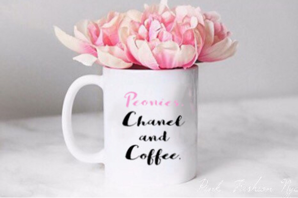 Peonies Chanel and Coffee Calligraphy Mug - Pink Fashion Nyc