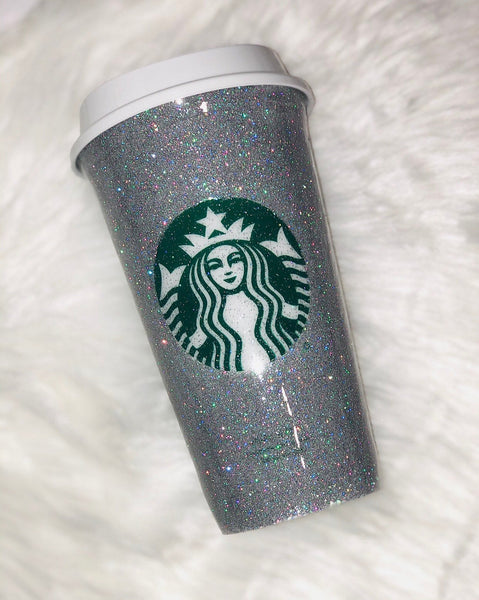 Glitter Starbucks Reusable Hot Cup - Silver Holo custom glitter- Rhinestone hot starbucks cup