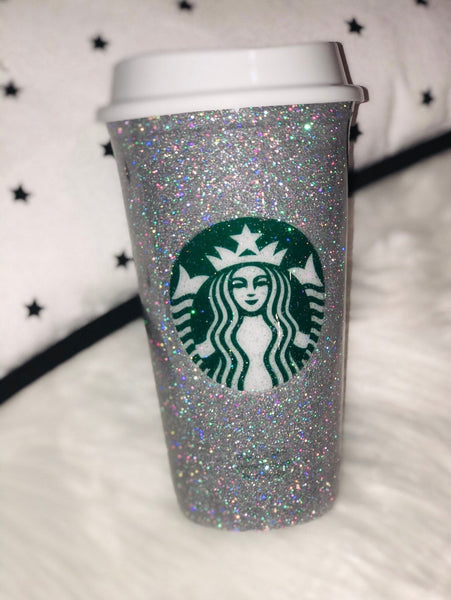 Glitter Starbucks Reusable Hot Cup - Silver Holo custom glitter- Rhinestone hot starbucks cup