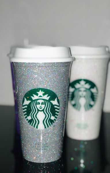 Glitter Starbucks Reusable Hot Cup - Silver Holo custom glitter- Rhinestone hot starbucks cup