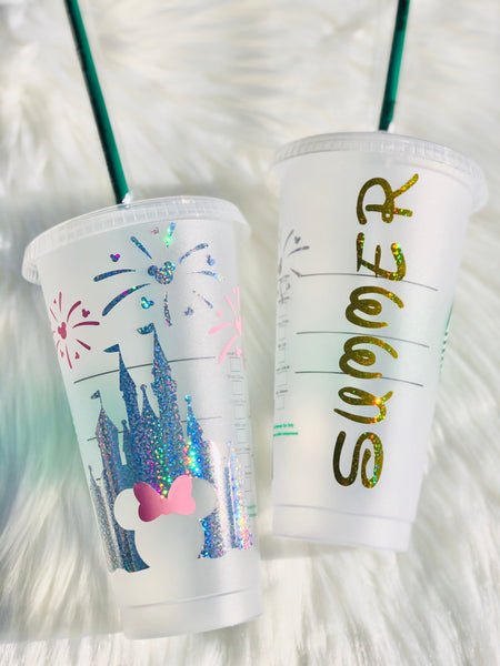 Customized Starbucks Cup Disney Castle Inspired- Silver&gold details