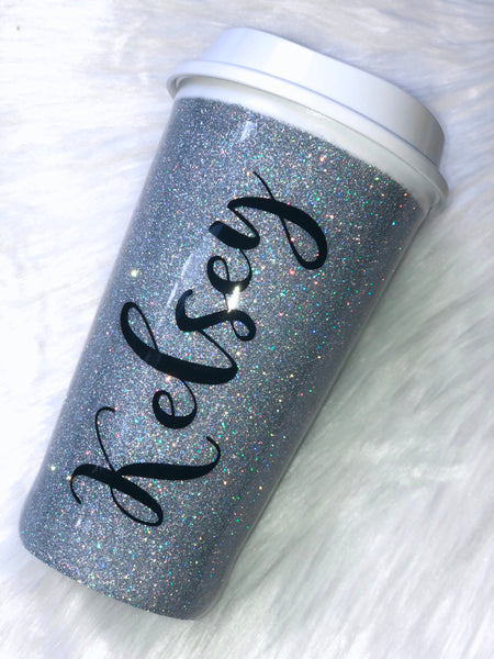 Glitter Starbucks Reusable Hot Cup - Silver Holo custom glitter- Rhinestone hot starbucks cup
