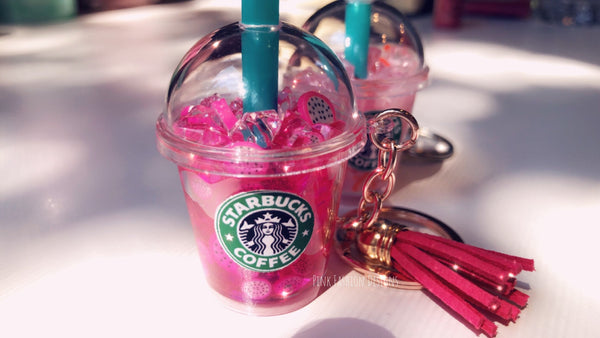 Iced Starbucks Dragonfruit Drink inspired keychain- Iced coffee keychain Free shipping DragonFruit drink lover gift keychain with tassel