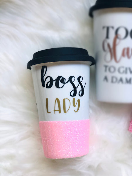 Pink Glitter Boss Lady Ceramic Tumbler