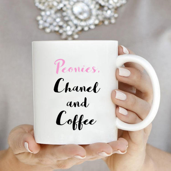 Peonies Chanel and Coffee Calligraphy Mug - Pink Fashion Nyc